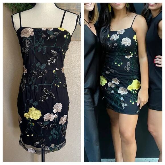 NWOT Lulus Rue Black Floral Embroidered Sequin Bodycon Mini Dress - Picture 9 of 10